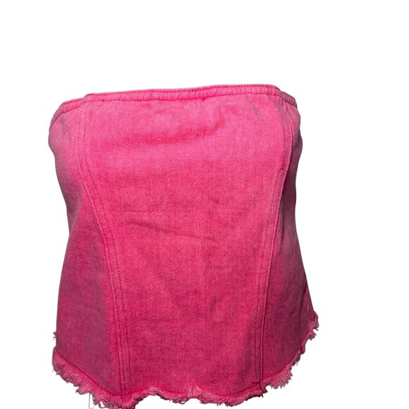 Superdown Strapless Pink Denim Bustier Tube Top Raw Hem Sz Small - Picture 3 of 7